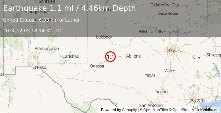 Earthquake 14 km NNW of Sand Springs, Texas (1.1 ml) (2024-12-03 18:14:32 UTC)