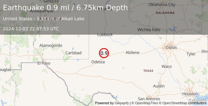 Earthquake 22 km SW of Ackerly, Texas (0.9 ml) (2024-12-03 22:07:53 UTC)