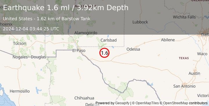 Earthquake 66 km SSW of Whites City, New Mexico (1.6 ml) (2024-12-04 03:44:25 UTC)