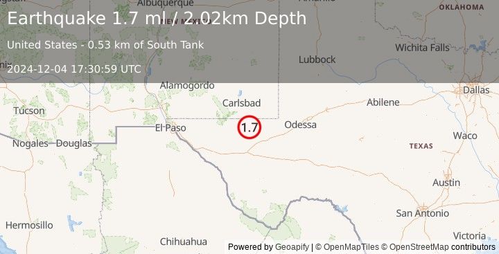 Earthquake 37 km WNW of Mentone, Texas (1.7 ml) (2024-12-04 17:30:59 UTC)