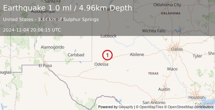 Earthquake 22 km SW of Ackerly, Texas (1.0 ml) (2024-12-04 20:06:15 UTC)