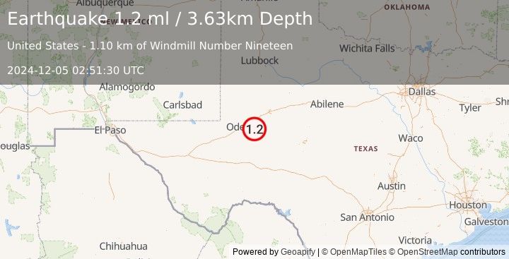 Earthquake 26 km SSE of Midland, Texas (1.2 ml) (2024-12-05 02:51:30 UTC)