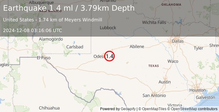 Earthquake 23 km W of Garden City, Texas (1.4 ml) (2024-12-08 03:16:06 UTC)