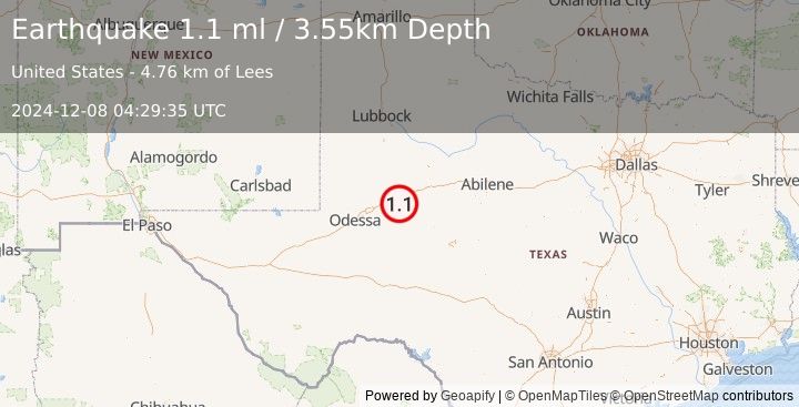 Earthquake 11 km W of Forsan, Texas (1.1 ml) (2024-12-08 04:29:35 UTC)