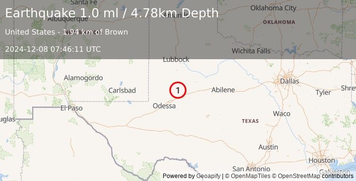 Earthquake 12 km SSW of Ackerly, Texas (1.0 ml) (2024-12-08 07:46:11 UTC)