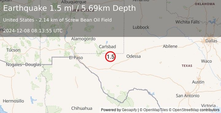 Earthquake 36 km WSW of Mentone, Texas (2.2 ml) (2024-12-08 08:13:51 UTC)