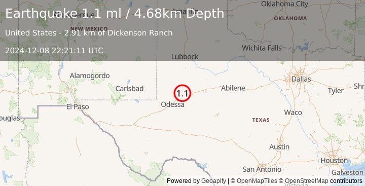 Earthquake 20 km NW of Stanton, Texas (1.1 ml) (2024-12-08 22:21:11 UTC)