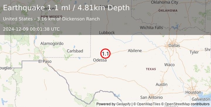 Earthquake 20 km NW of Stanton, Texas (1.1 ml) (2024-12-09 00:01:38 UTC)