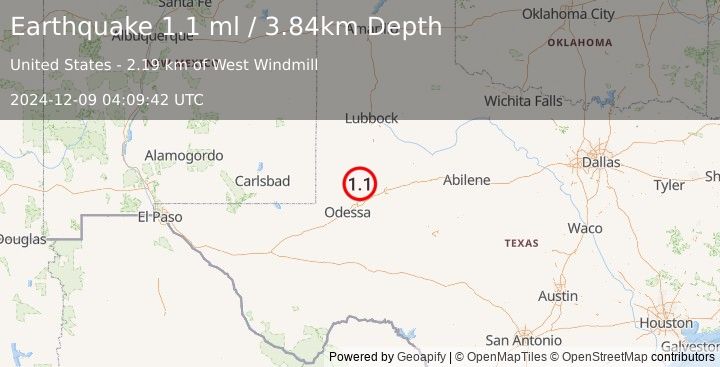 Earthquake 39 km WSW of Ackerly, Texas (1.1 ml) (2024-12-09 04:09:42 UTC)