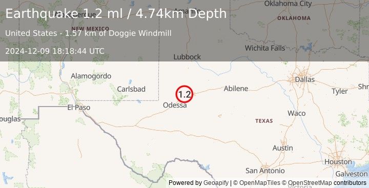 Earthquake 19 km NW of Stanton, Texas (1.2 ml) (2024-12-09 18:18:44 UTC)