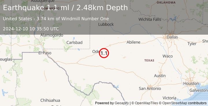 Earthquake 29 km SSE of Midland, Texas (1.1 ml) (2024-12-10 10:35:50 UTC)