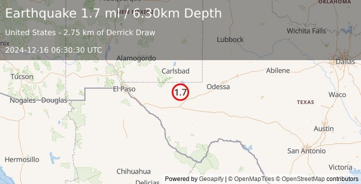 Earthquake 40 km W of Mentone, Texas (1.7 ml) (2024-12-16 06:30:30 UTC)