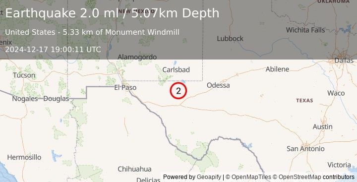 Earthquake 46 km NW of Toyah, Texas (2.0 ml) (2024-12-17 19:00:11 UTC)