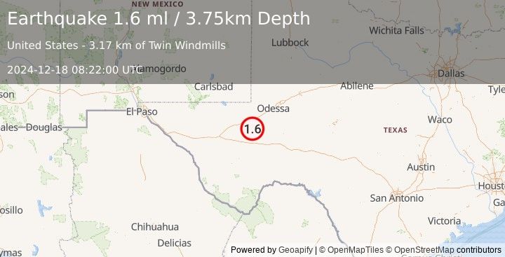 Earthquake 54 km NW of Toyah, Texas (1.4 ml) (2024-12-18 08:21:44 UTC)