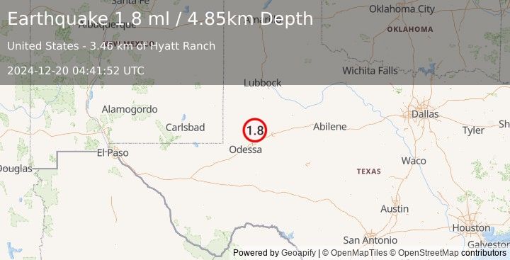 Earthquake 36 km NW of Stanton, Texas (1.8 ml) (2024-12-20 04:41:52 UTC)