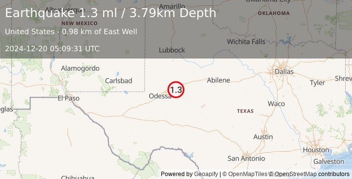 Earthquake 13 km ESE of Stanton, Texas (1.3 ml) (2024-12-20 05:09:31 UTC)