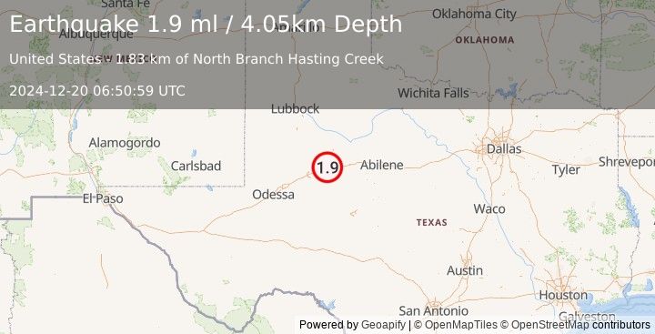 Earthquake 6 km NW of Westbrook, Texas (1.9 ml) (2024-12-20 06:50:59 UTC)