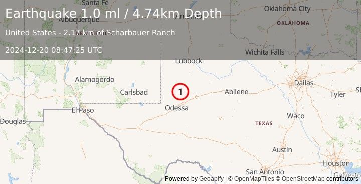 Earthquake 34 km ENE of McKinney Acres, Texas (1.0 ml) (2024-12-20 08:47:25 UTC)