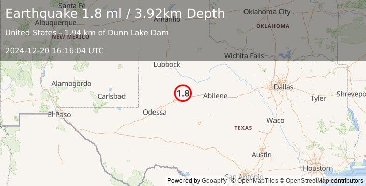 Earthquake 24 km NNW of Westbrook, Texas (1.8 ml) (2024-12-20 16:16:04 UTC)