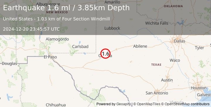 Earthquake 5 km SSE of Gardendale, Texas (1.6 ml) (2024-12-20 23:45:57 UTC)