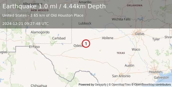 Earthquake 14 km SSE of Stanton, Texas (1.0 ml) (2024-12-21 09:27:49 UTC)