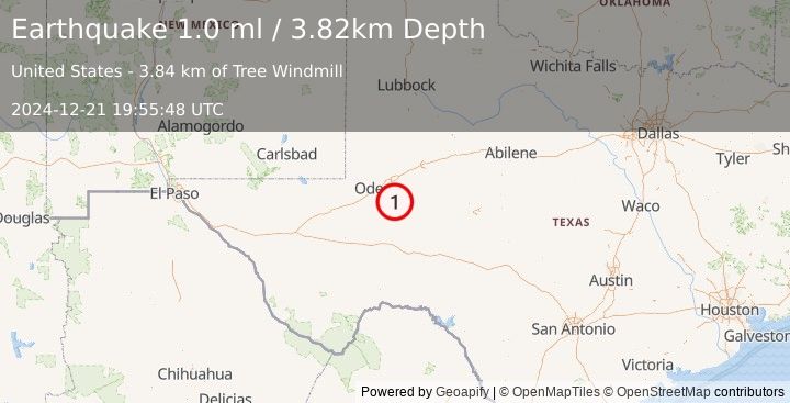 Earthquake 35 km NE of Crane, Texas (1.0 ml) (2024-12-21 19:55:48 UTC)