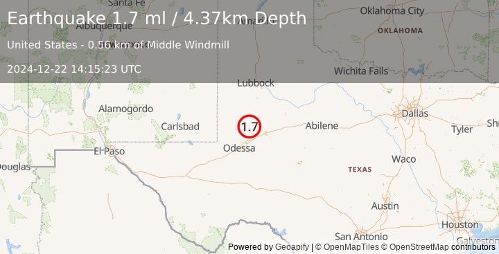 Earthquake 33 km WSW of Ackerly, Texas (1.7 ml) (2024-12-22 14:15:23 UTC)