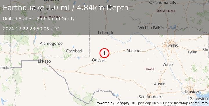 Earthquake 21 km NW of Stanton, Texas (1.0 ml) (2024-12-22 23:50:06 UTC)