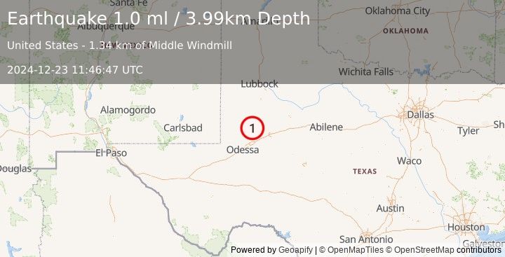 Earthquake 35 km WSW of Ackerly, Texas (1.0 ml) (2024-12-23 11:46:47 UTC)