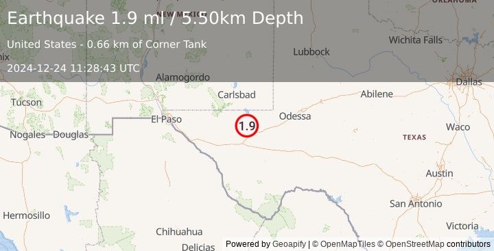 Earthquake 31 km NNW of Toyah, Texas (1.9 ml) (2024-12-24 11:28:43 UTC)