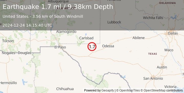 Earthquake 17 km NW of Mentone, Texas (1.7 ml) (2024-12-24 14:15:40 UTC)