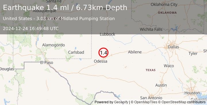 Earthquake 38 km ENE of McKinney Acres, Texas (1.4 ml) (2024-12-24 16:49:48 UTC)