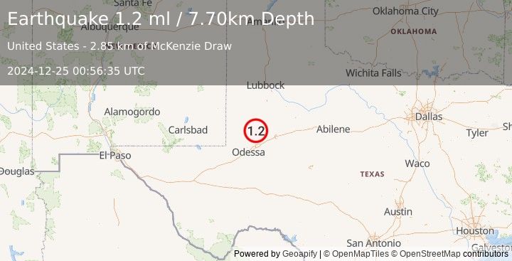 Earthquake 38 km ENE of McKinney Acres, Texas (1.2 ml) (2024-12-25 00:56:35 UTC)