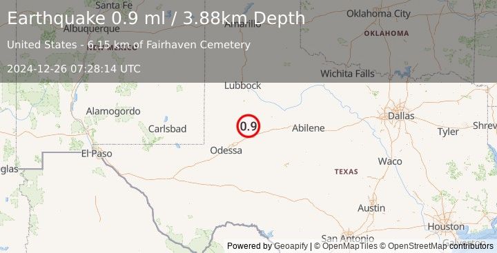 Earthquake 7 km SE of Ackerly, Texas (0.9 ml) (2024-12-26 07:28:14 UTC)