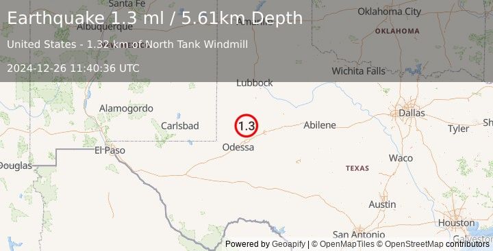 Earthquake 36 km SSW of Los Ybanez, Texas (1.3 ml) (2024-12-26 11:40:36 UTC)