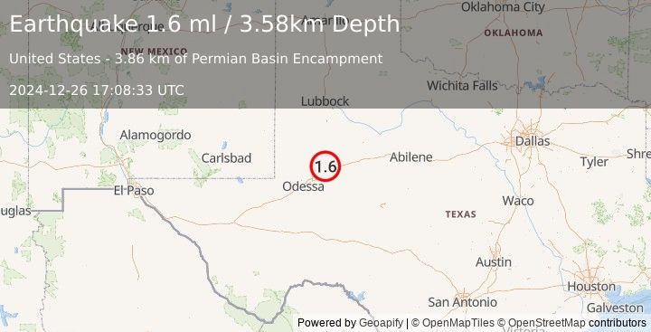 Earthquake 14 km NNW of Stanton, Texas (1.6 ml) (2024-12-26 17:08:33 UTC)