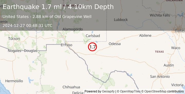 Earthquake 54 km NW of Toyah, Texas (1.7 ml) (2024-12-27 00:48:31 UTC)