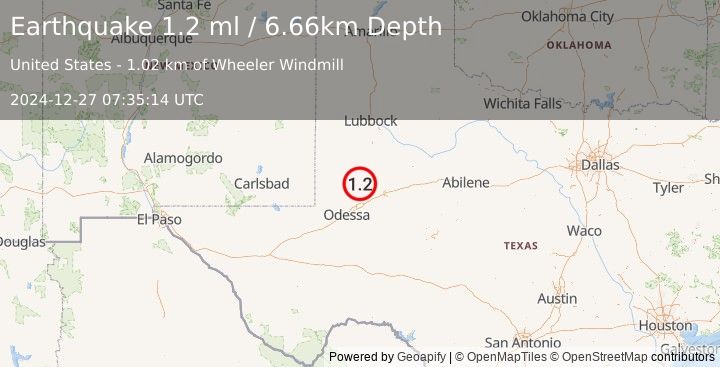 Earthquake 35 km WSW of Ackerly, Texas (1.2 ml) (2024-12-27 07:35:14 UTC)