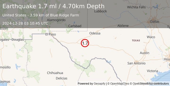 Earthquake 29 km SW of Coyanosa, Texas (1.7 ml) (2024-12-28 03:10:45 UTC)