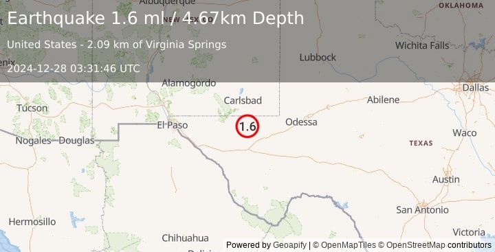 Earthquake 46 km W of Mentone, Texas (1.6 ml) (2024-12-28 03:31:46 UTC)