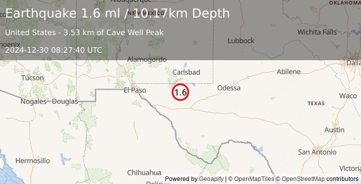 Earthquake 55 km S of Whites City, New Mexico (1.6 ml) (2024-12-30 08:27:40 UTC)