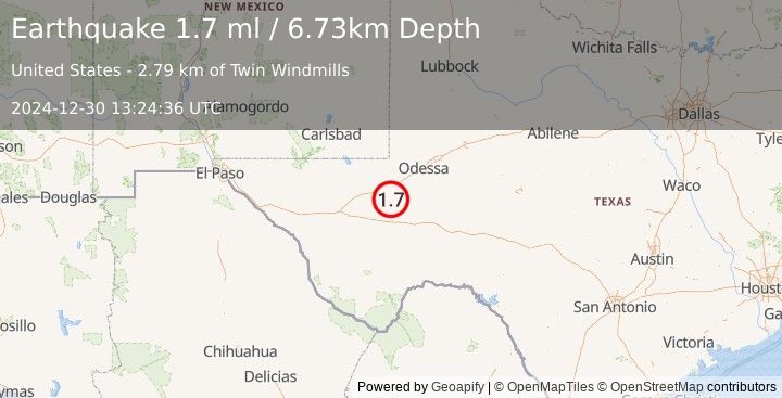 Earthquake 7 km NNE of Coyanosa, Texas (1.7 ml) (2024-12-30 13:24:36 UTC)