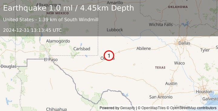 Earthquake 11 km E of Gardendale, Texas (1.0 ml) (2024-12-31 13:13:45 UTC)