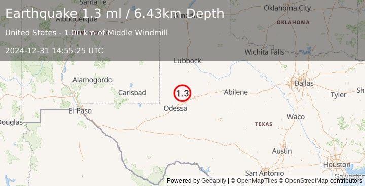 Earthquake 34 km WSW of Ackerly, Texas (1.3 ml) (2024-12-31 14:55:25 UTC)