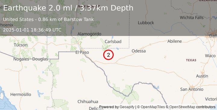 Earthquake 65 km NNE of Van Horn, Texas (2.0 ml) (2025-01-01 18:36:49 UTC)