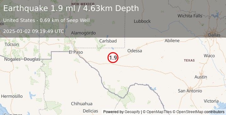 Earthquake 15 km NW of Toyah, Texas (1.9 ml) (2025-01-02 09:19:49 UTC)