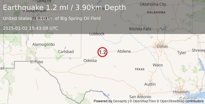 Earthquake 13 km NNW of Sand Springs, Texas (1.2 ml) (2025-01-02 15:43:08 UTC)