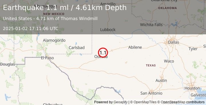 Earthquake 17 km NW of Midland, Texas (1.1 ml) (2025-01-02 17:11:06 UTC)