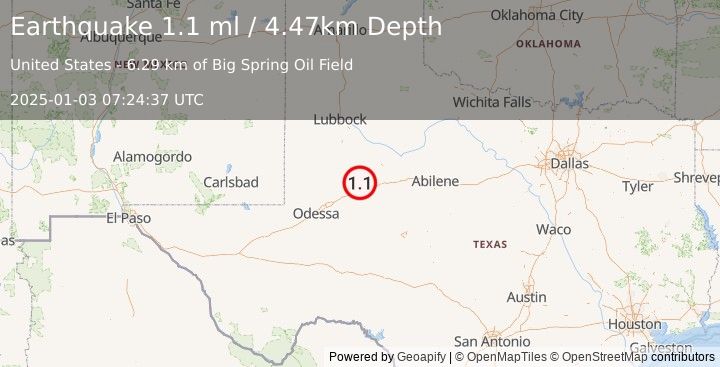 Earthquake 13 km NNW of Sand Springs, Texas (1.1 ml) (2025-01-03 07:24:37 UTC)