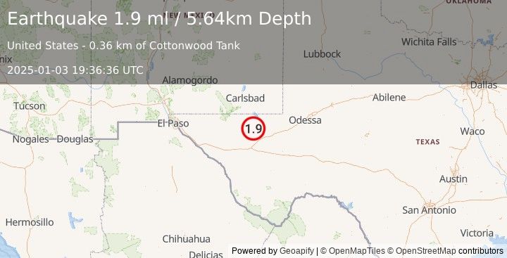 Earthquake 36 km NNW of Toyah, Texas (1.9 ml) (2025-01-03 19:36:36 UTC)